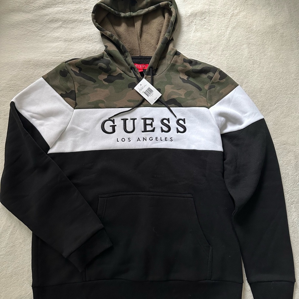 GUESS Men’s Camouflage Colorblock Hoodie - Olive/White/Black